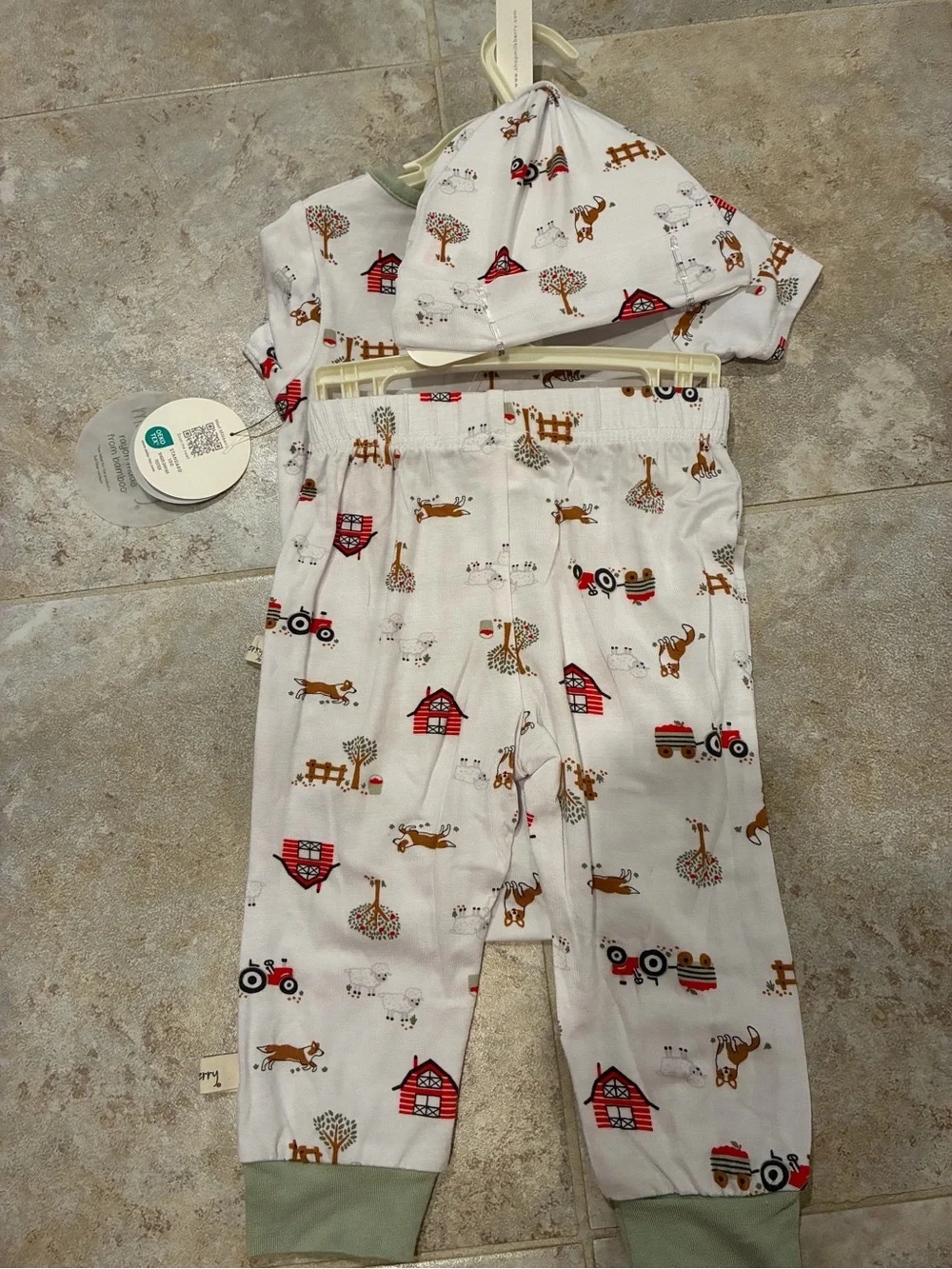 Milkberry Three Piece Set Bamboo Bodysuit Hat Pants Farm Dog Tractor